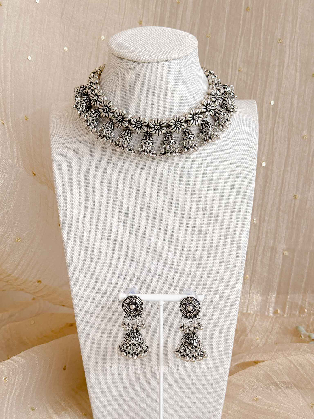 Oxidised Silver Floral Necklace set