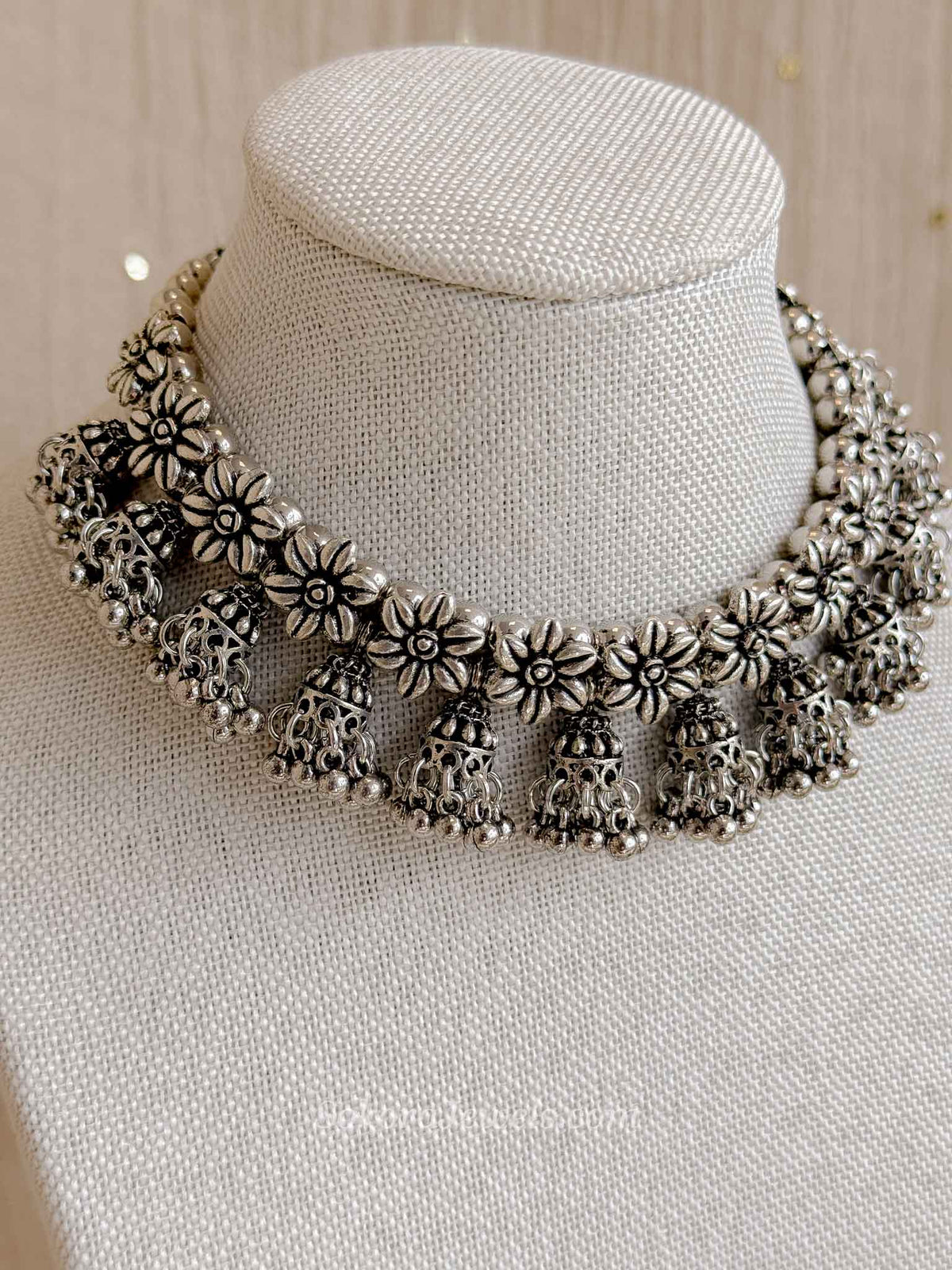 Oxidised Silver Floral Necklace set