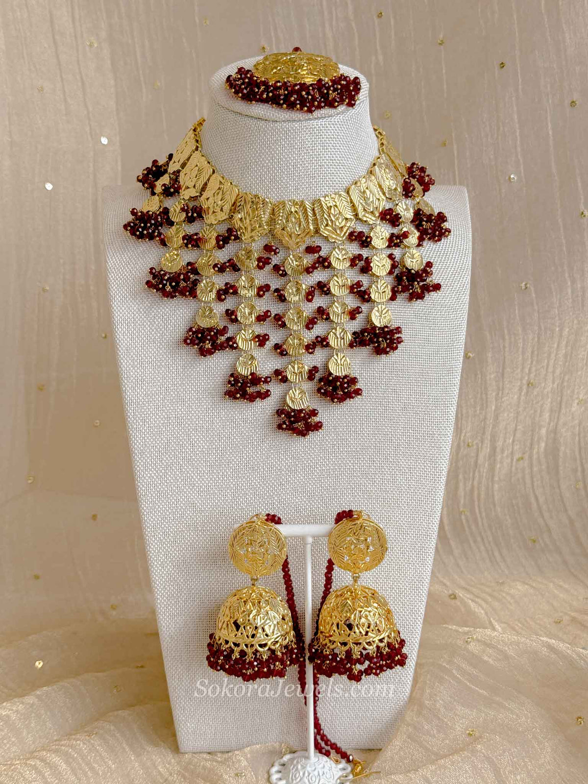 Faiza Gold Plated Bridal Choker set - Maroon