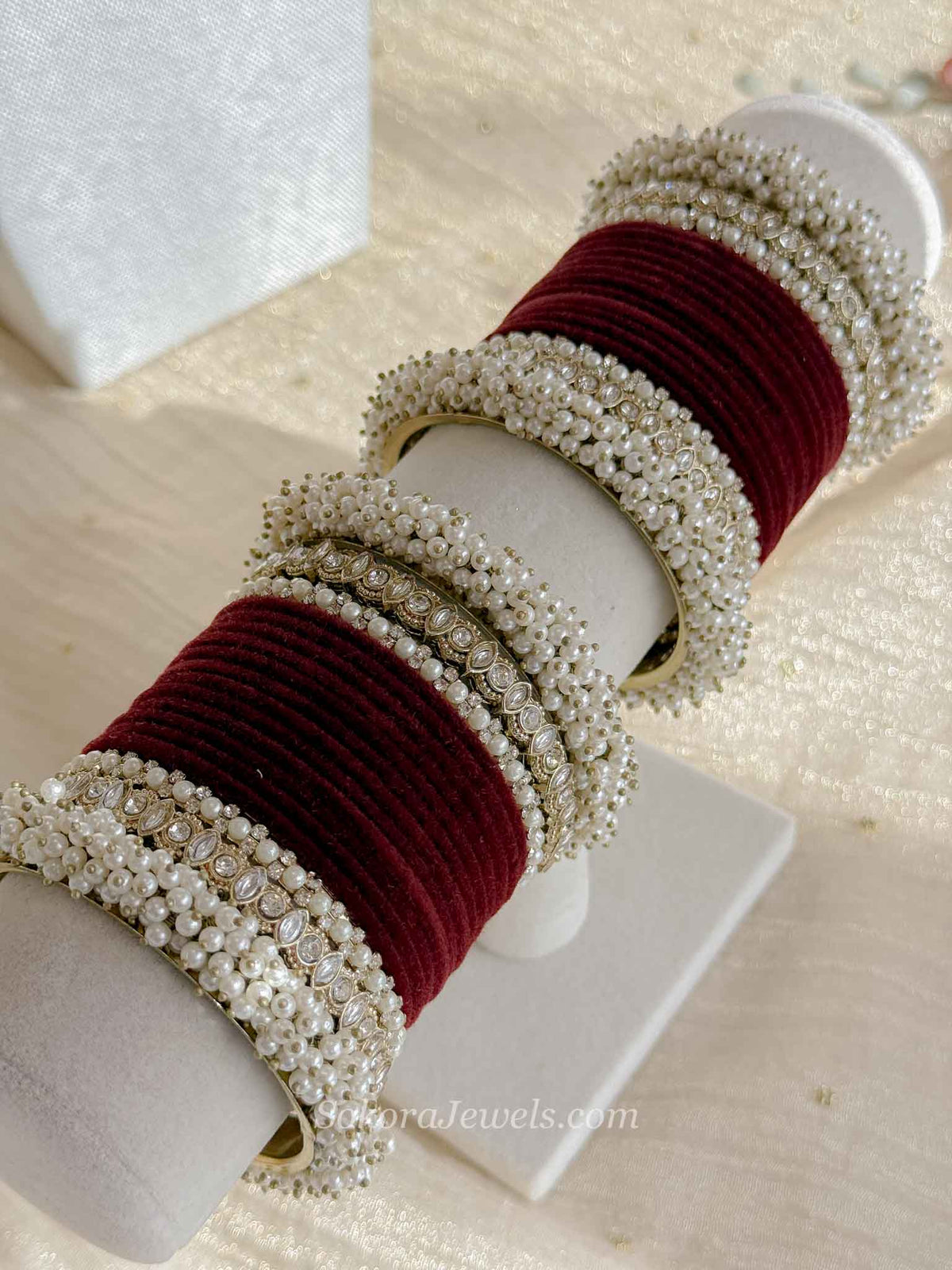 Thanjina Classic Bridal Bangle set in Maroon Velvet