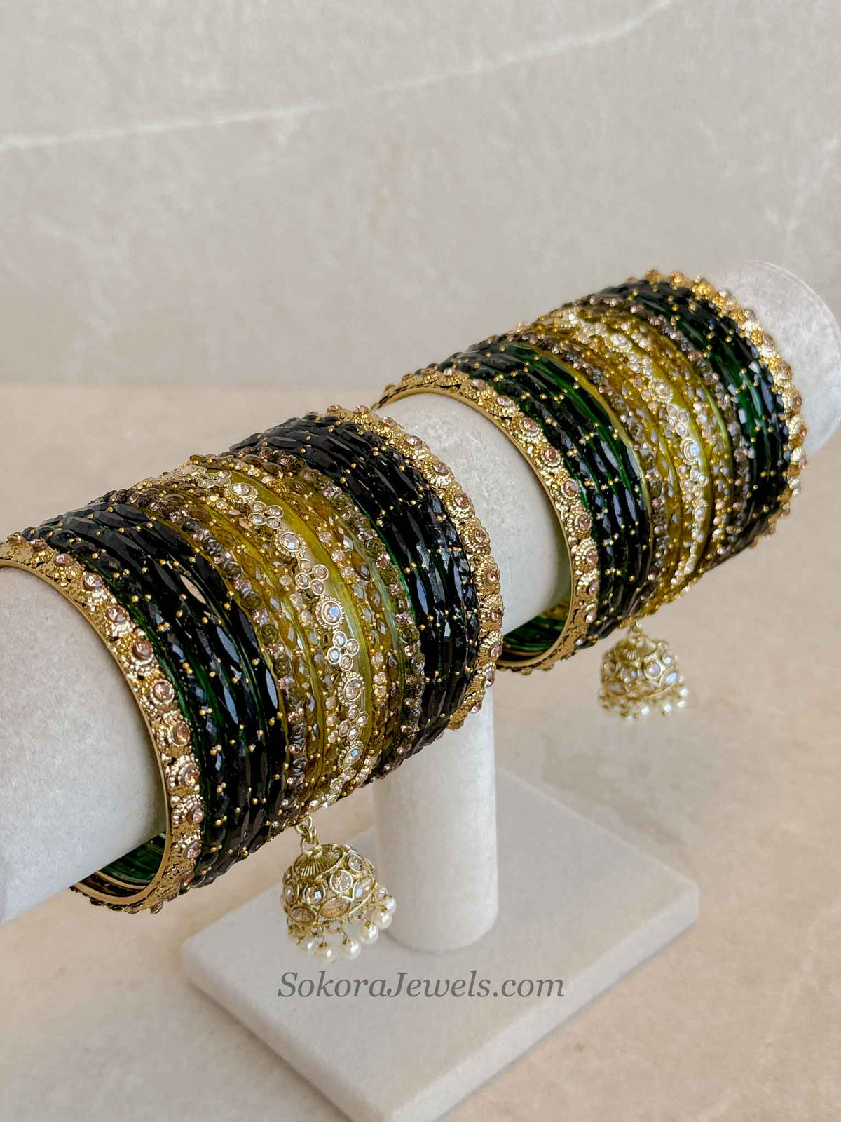 Bridal Green Glass Bangles Set - 2.6