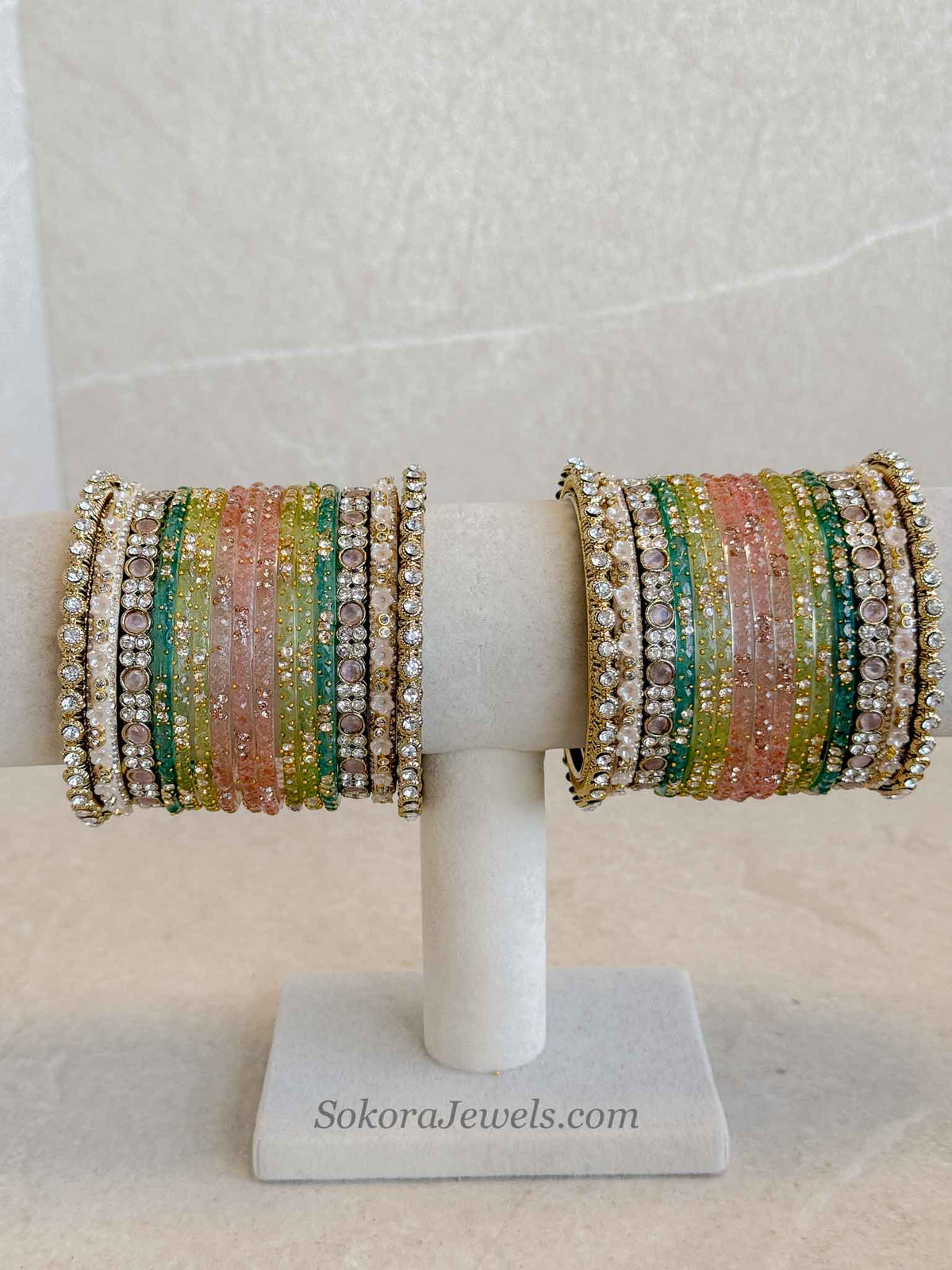 Bridal Pink, Blue & Mint Glass Bangles Set - 2.4