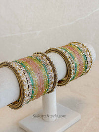Bridal Pink, Blue & Mint Glass Bangles Set - 2.4