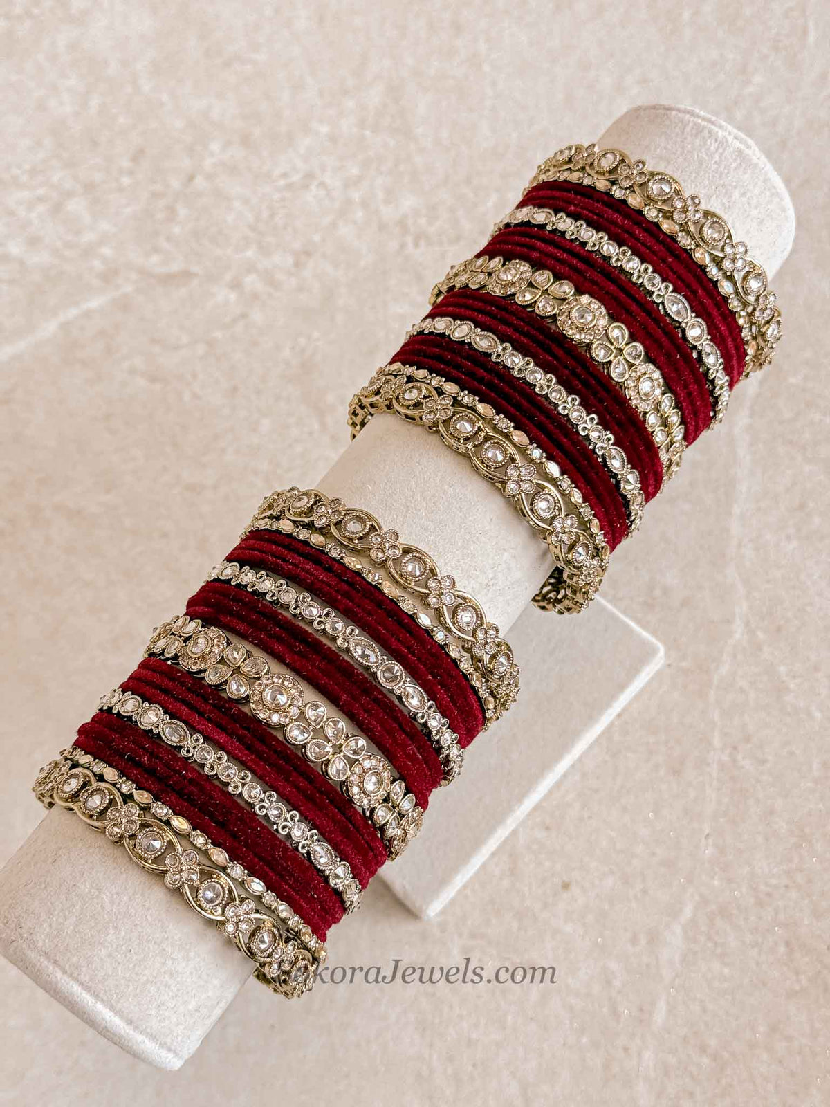 Luxury Antique Gold & Maroon Velvet Bridal Bangle set