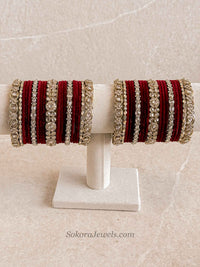 Luxury Antique Gold & Maroon Velvet Bridal Bangle set