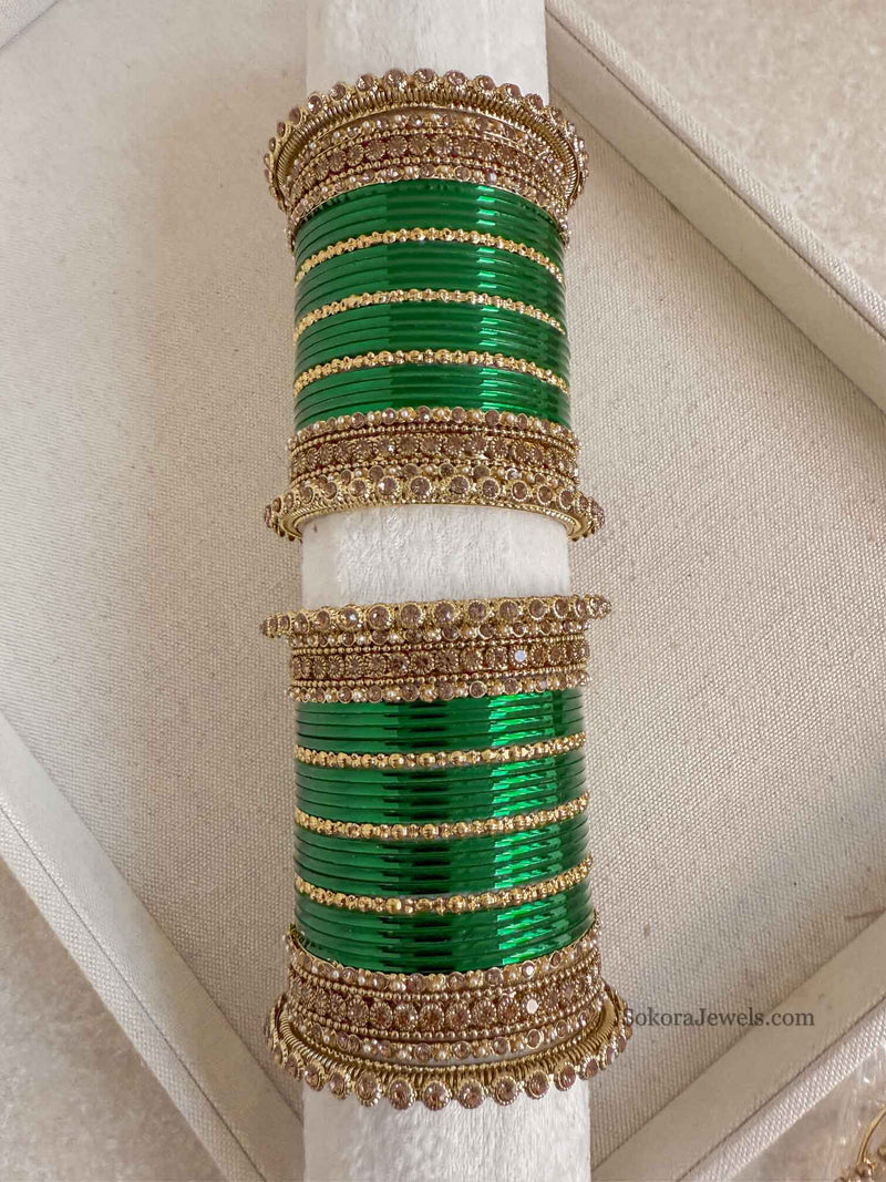 Regal Green and Golden Bangles Stack
