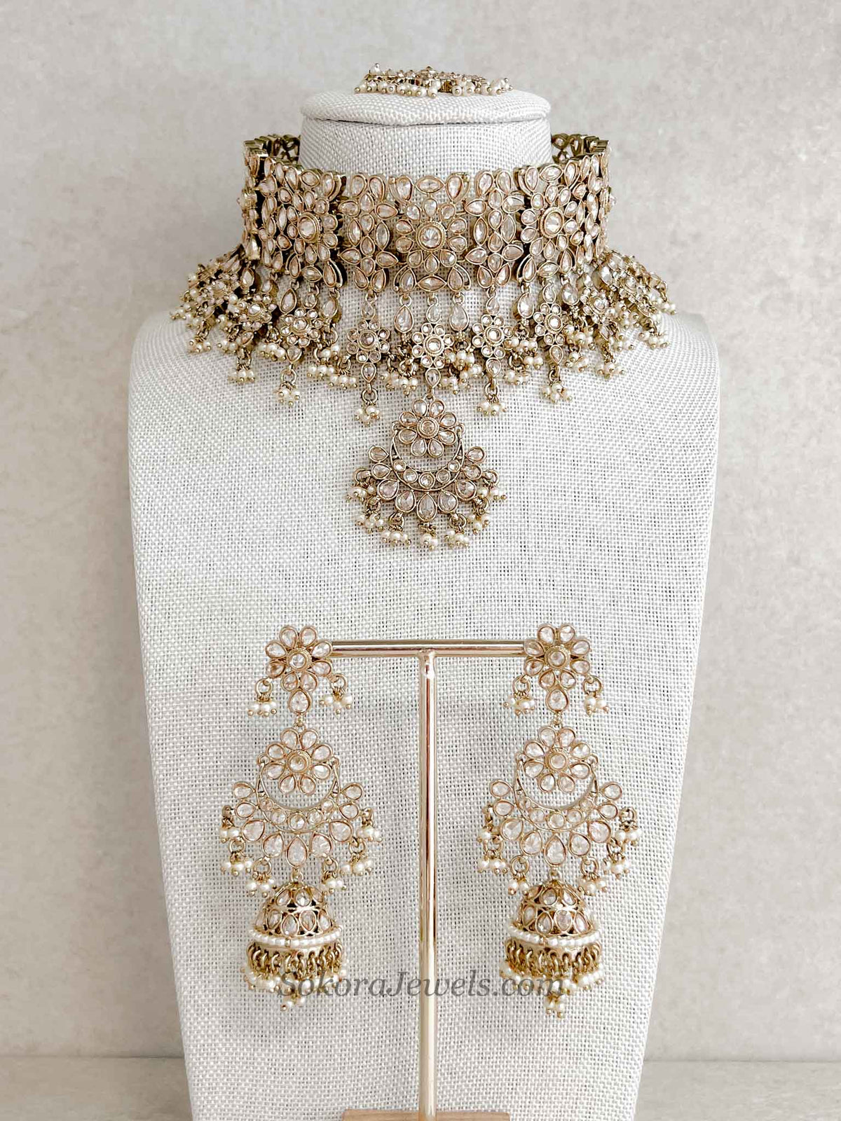 Tina Bridal Choker set - Champagne with Small Pearls