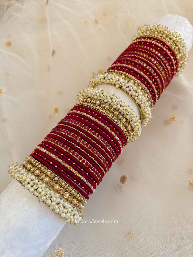 Thanjina Maroon Velvet Bangles Stack