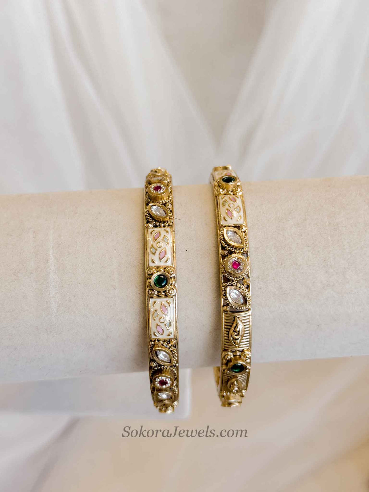Royal Kundan Kada Bangles – Ruby & Green Gem Finish (Sold as Pair)