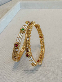 Royal Kundan Kada Bangles – Ruby & Green Gem Finish (Sold as Pair)