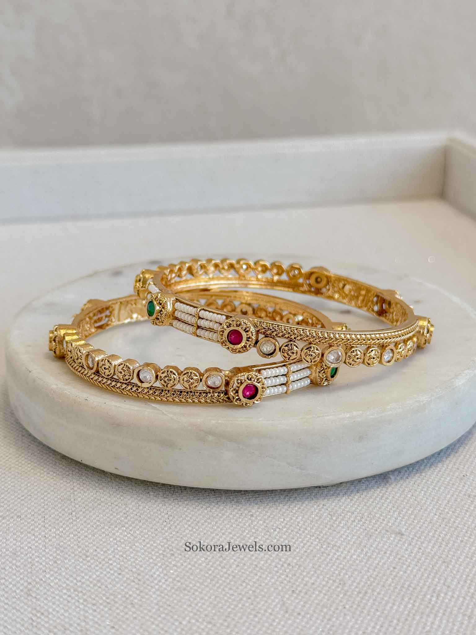 Royal Kundan Kada Bangles – Ruby & Green Gem Finish (Sold as Pair)