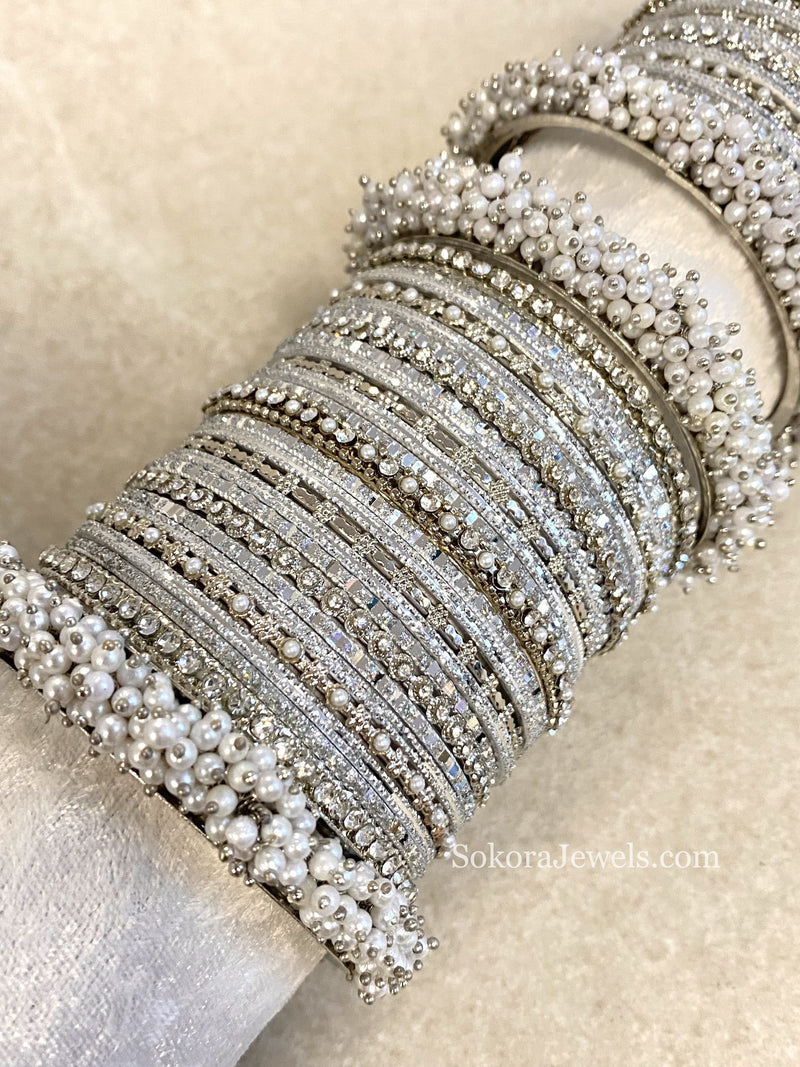 Thanjina Silver Pearly Bangle stack