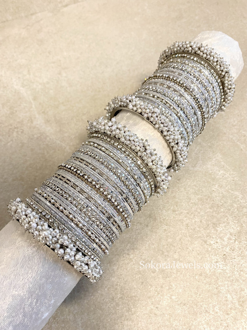 Thanjina Silver Pearly Bangle stack
