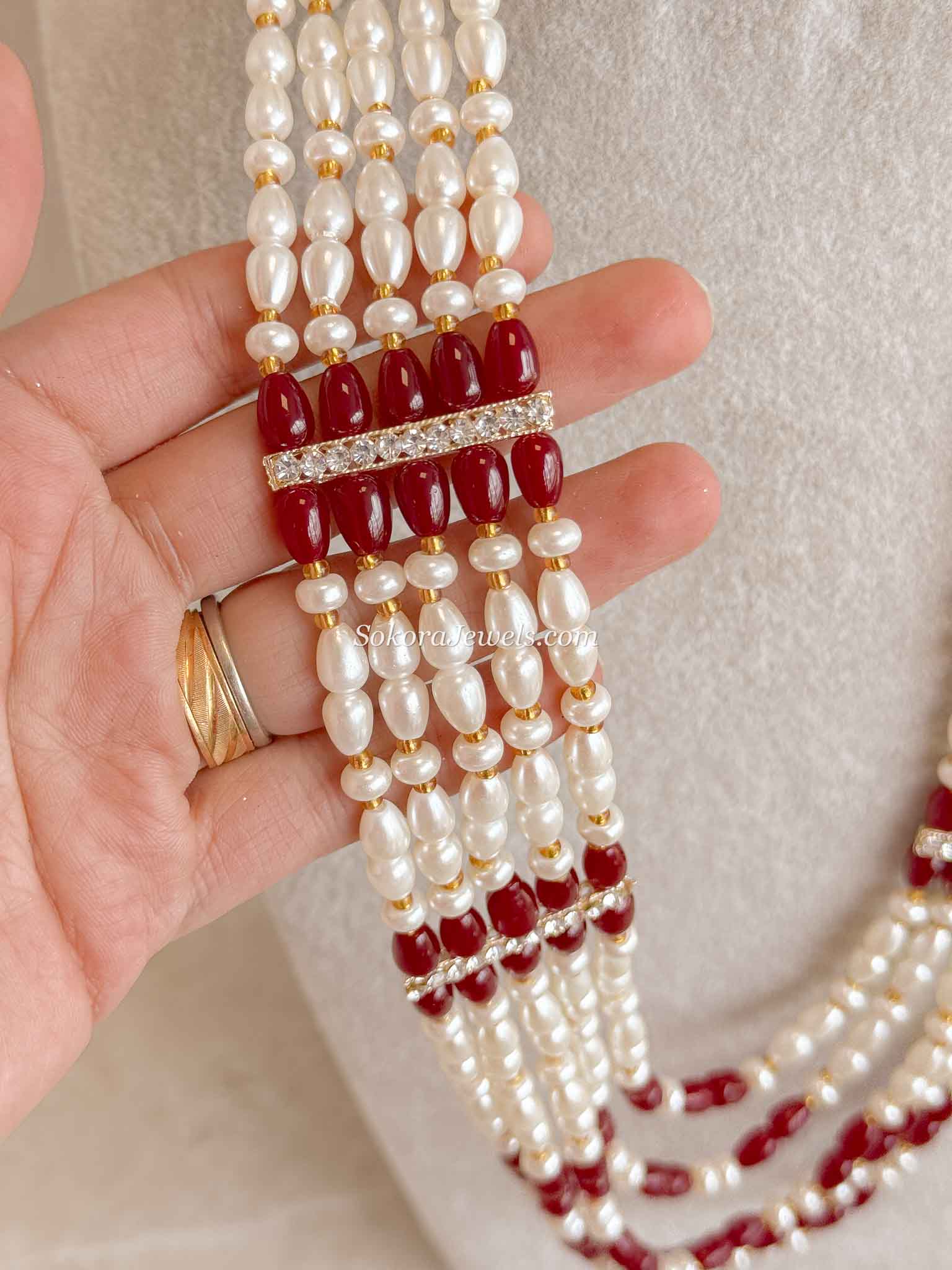 Pearl & Maroon Bead Mens Mala
