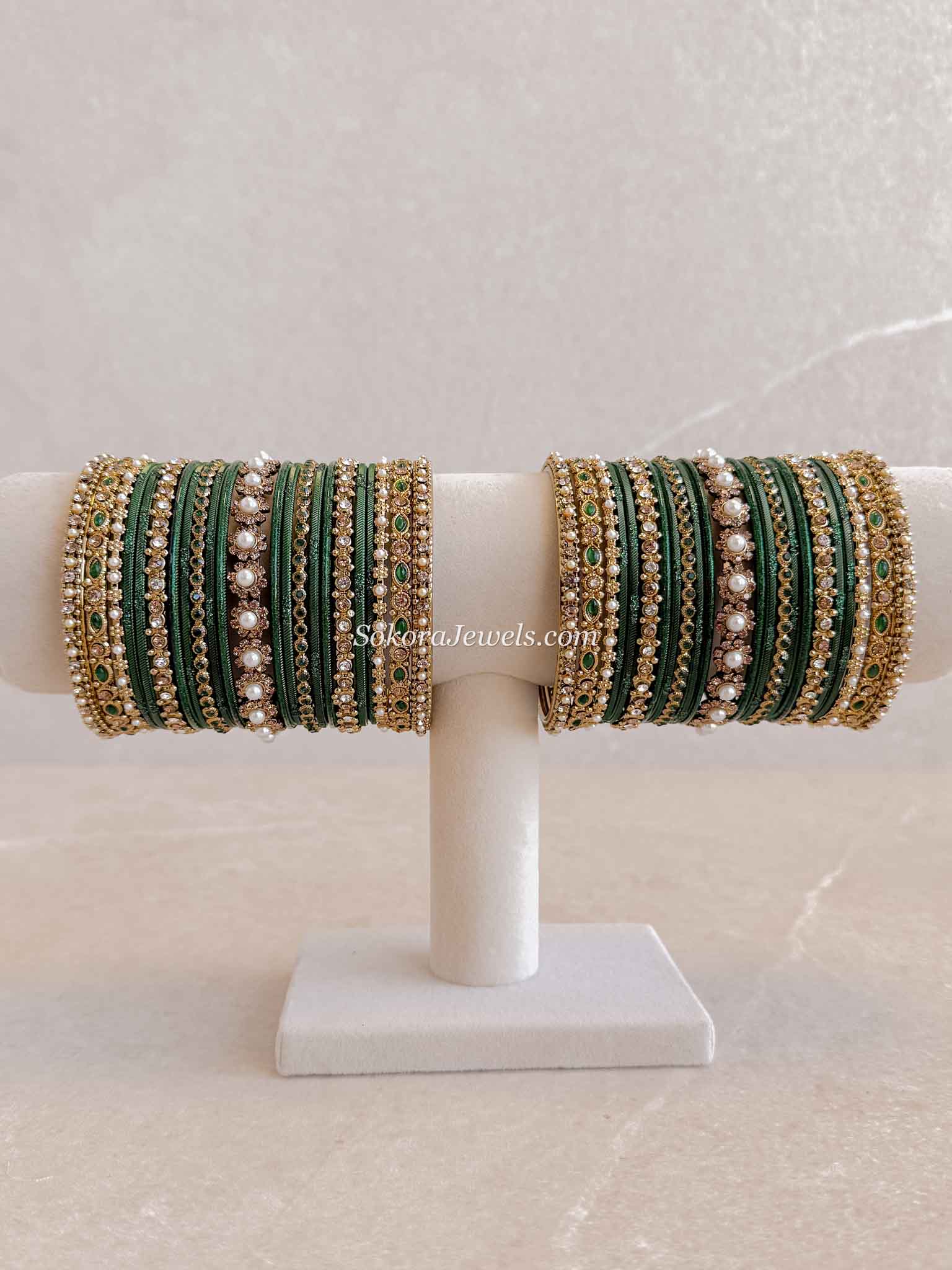 Regal Green and Golden Bangles Stack
