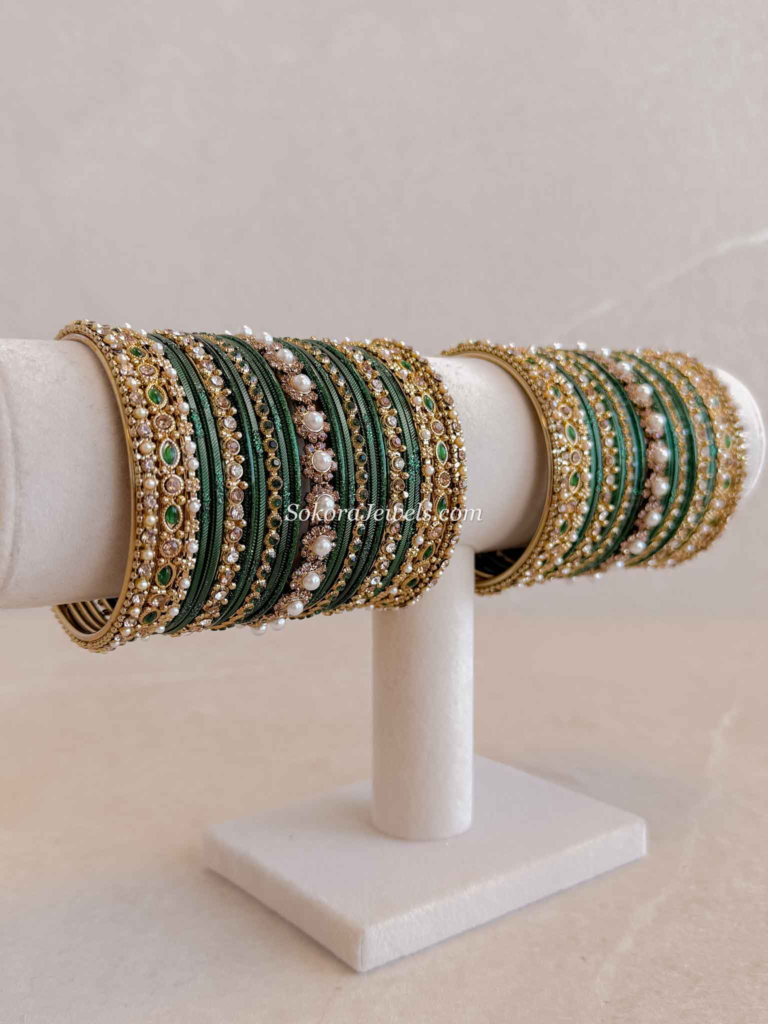 Regal Green and Golden Bangles Stack