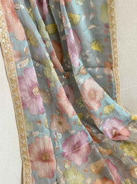 Blue & Multicolour Floral Dupatta - Embellished Occasion Dupatta