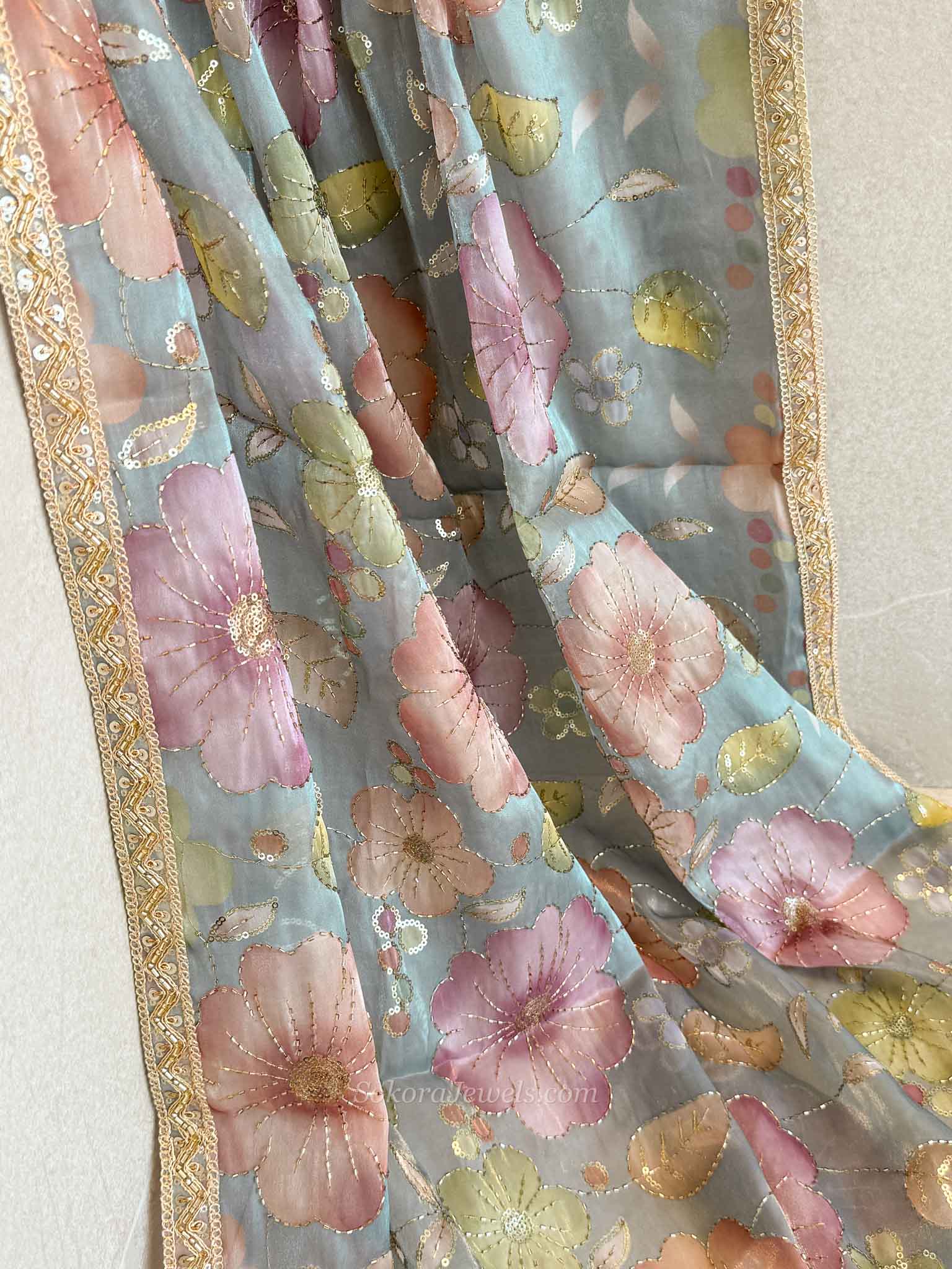 Blue & Multicolour Floral Dupatta - Embellished Occasion Dupatta
