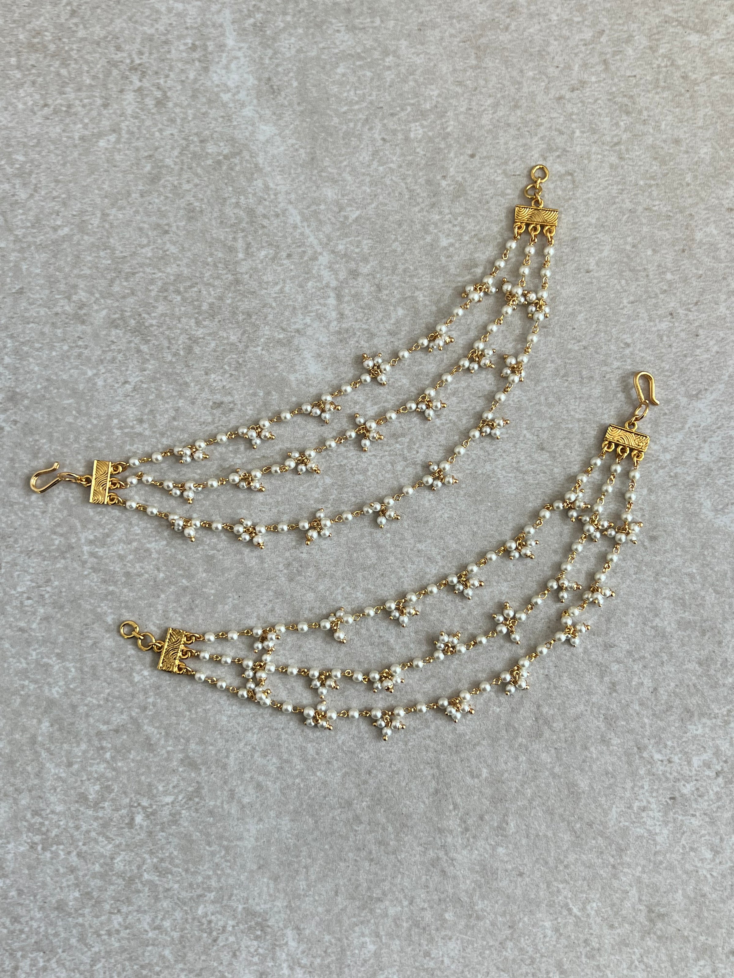 3 Line Bright Gold Pearl Earring Chains