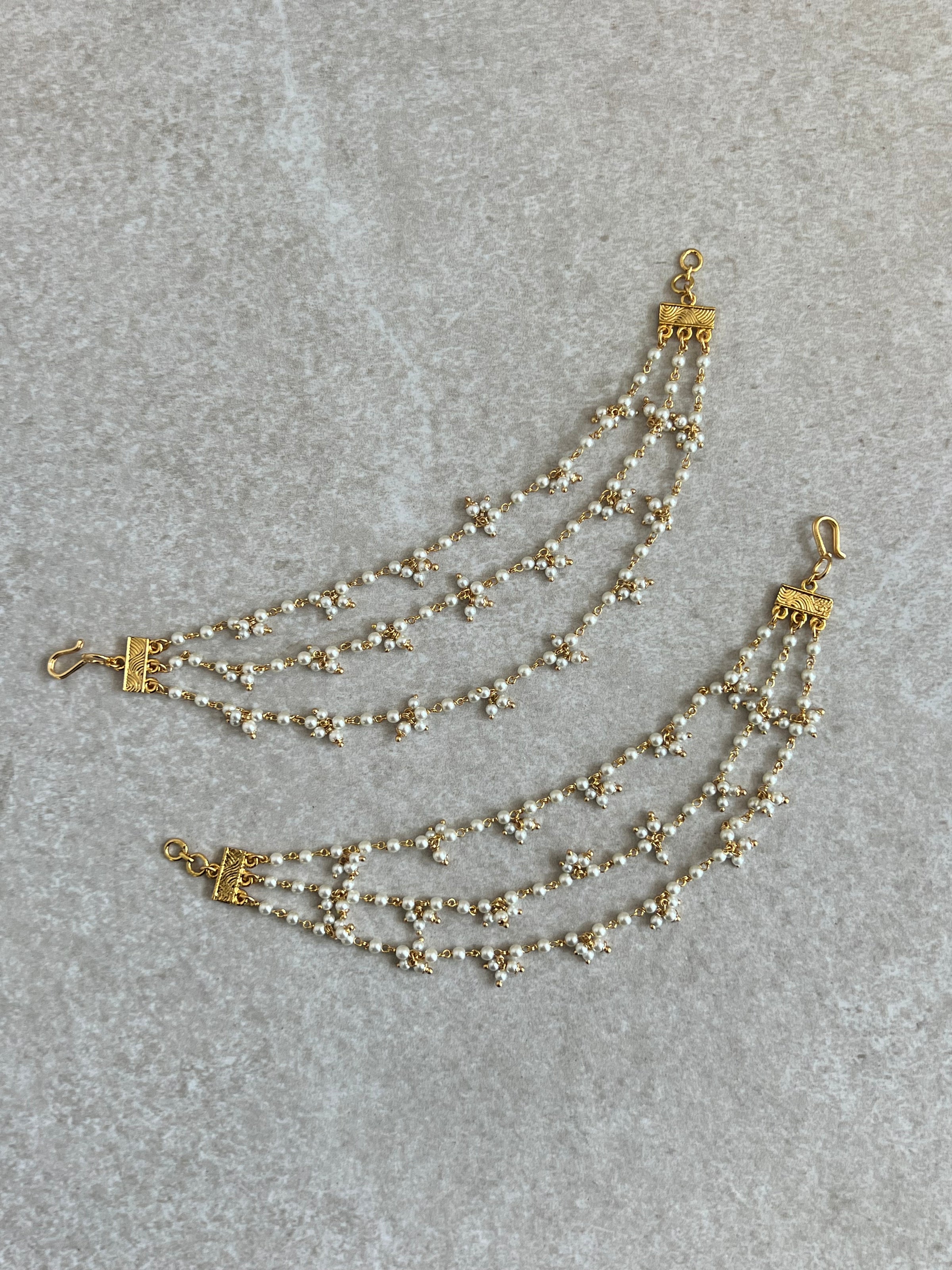 3 Line Bright Gold Pearl Earring Chains