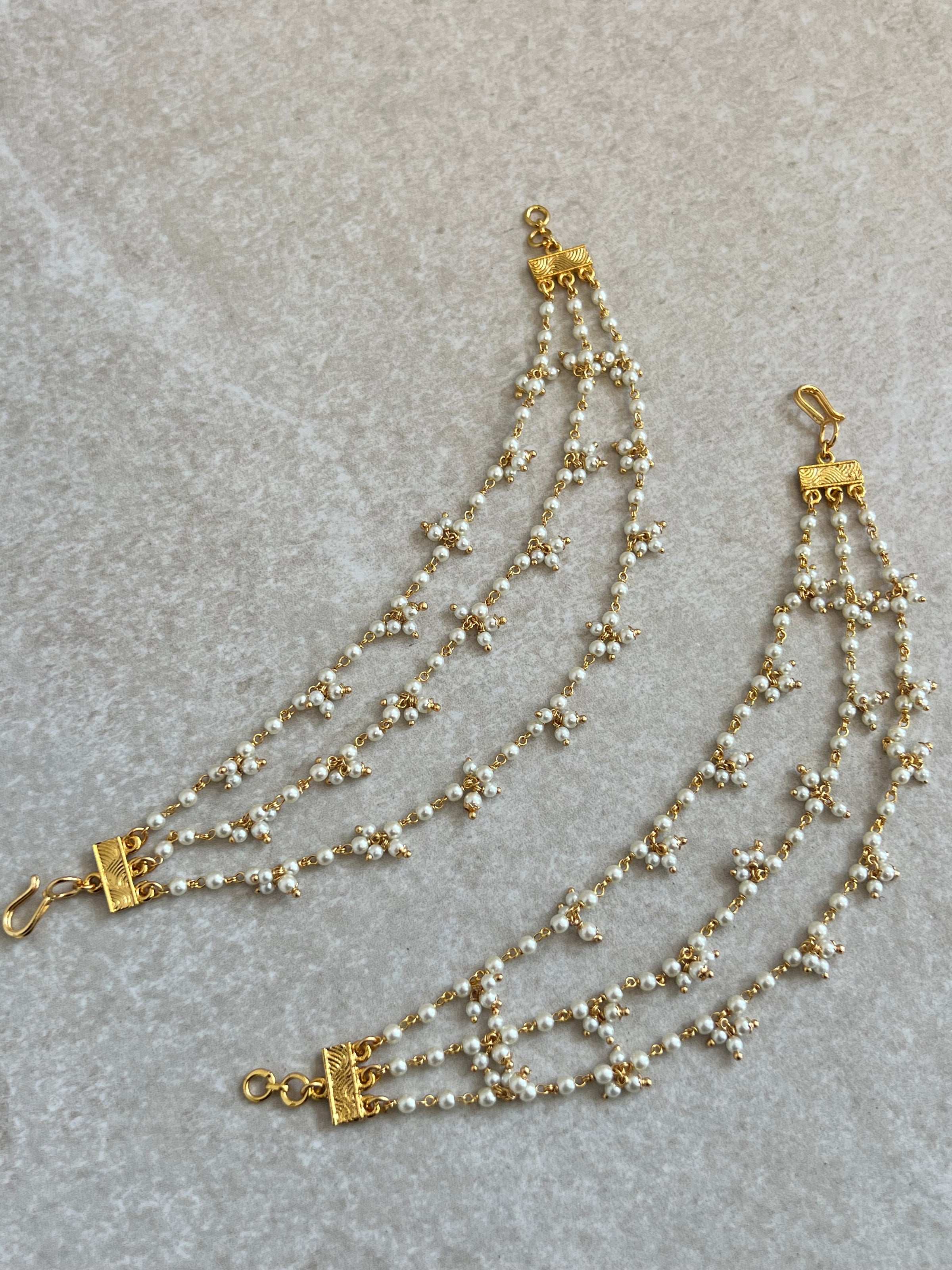 3 Line Bright Gold Pearl Earring Chains