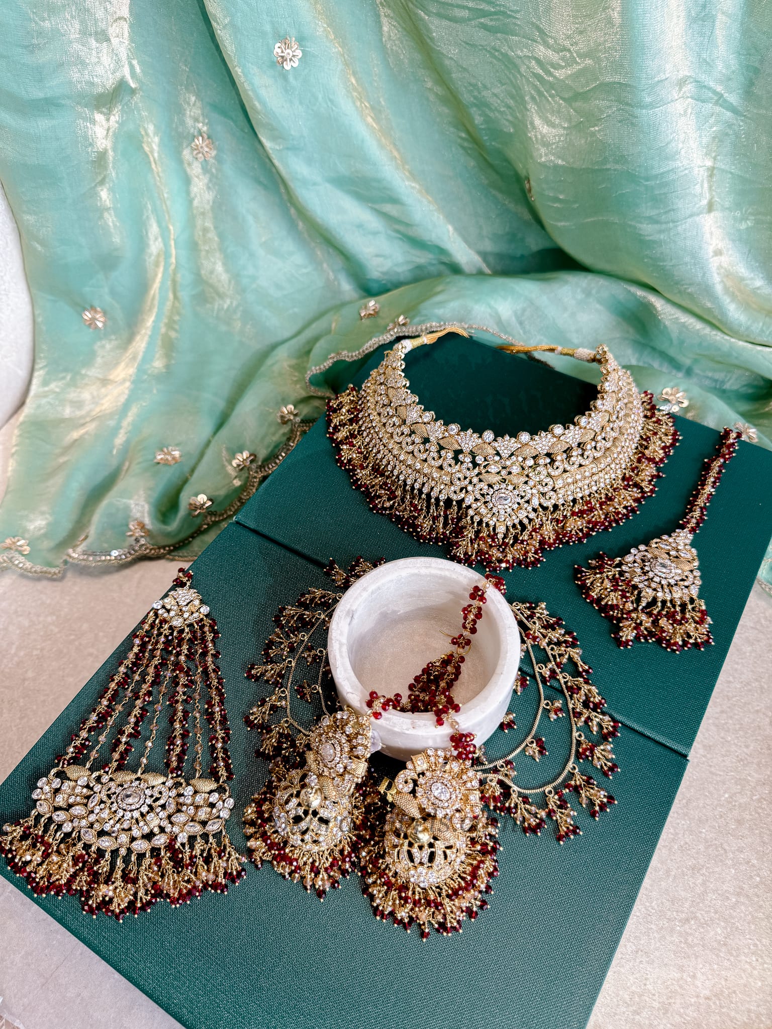 Mehrunisa Gold plated Bridal Choker set - Red