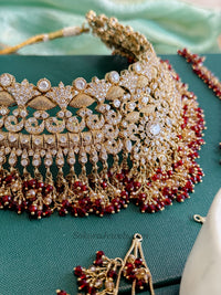 Mehrunisa Gold plated Bridal Choker set - Red