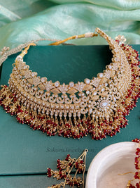 Mehrunisa Gold plated Bridal Choker set - Red