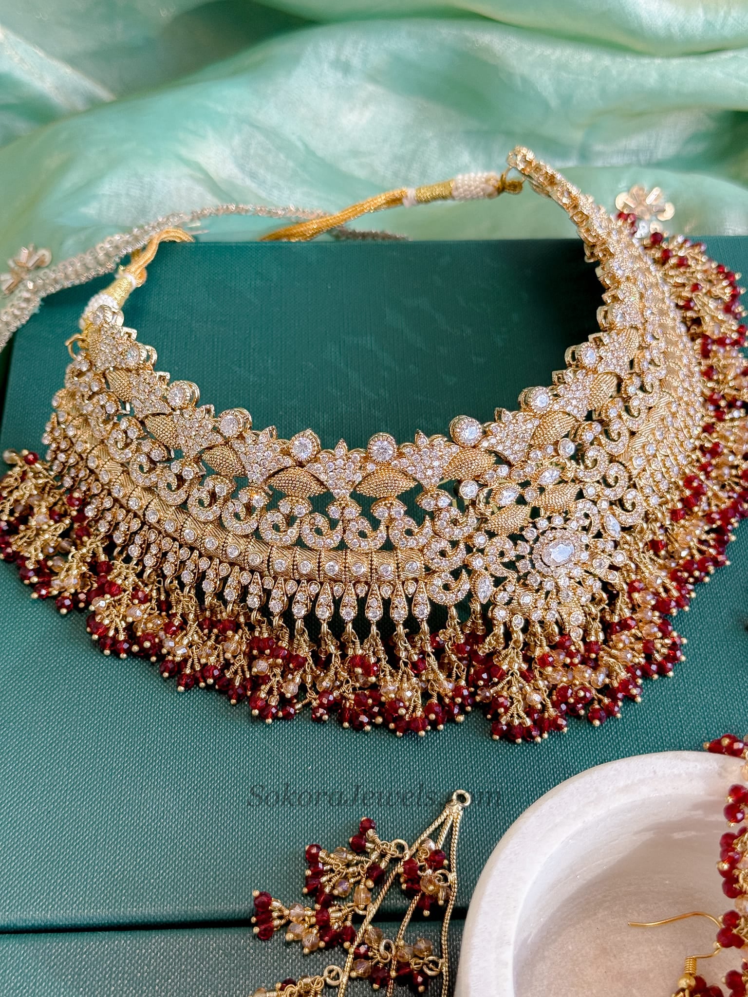 Mehrunisa Gold plated Bridal Choker set - Red