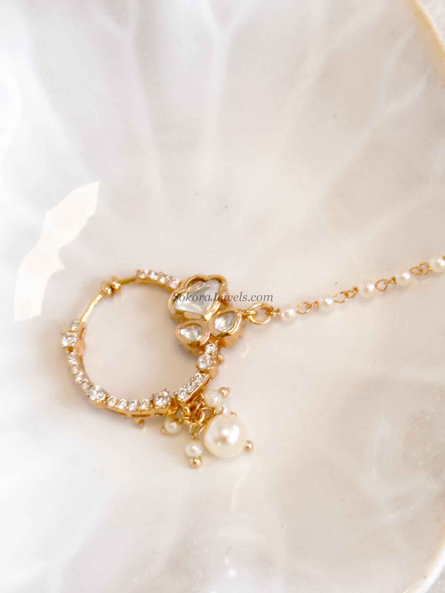 Small Kundan Flower & Diamante Nose Ring - Clip On