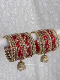 Bridal Red Glass Bangle Set with Jhumkas