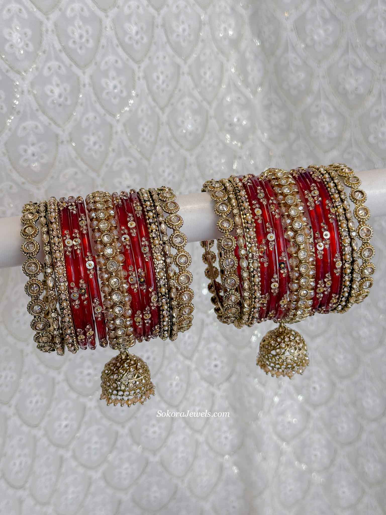 Bridal Red Glass Bangle Set with Jhumkas