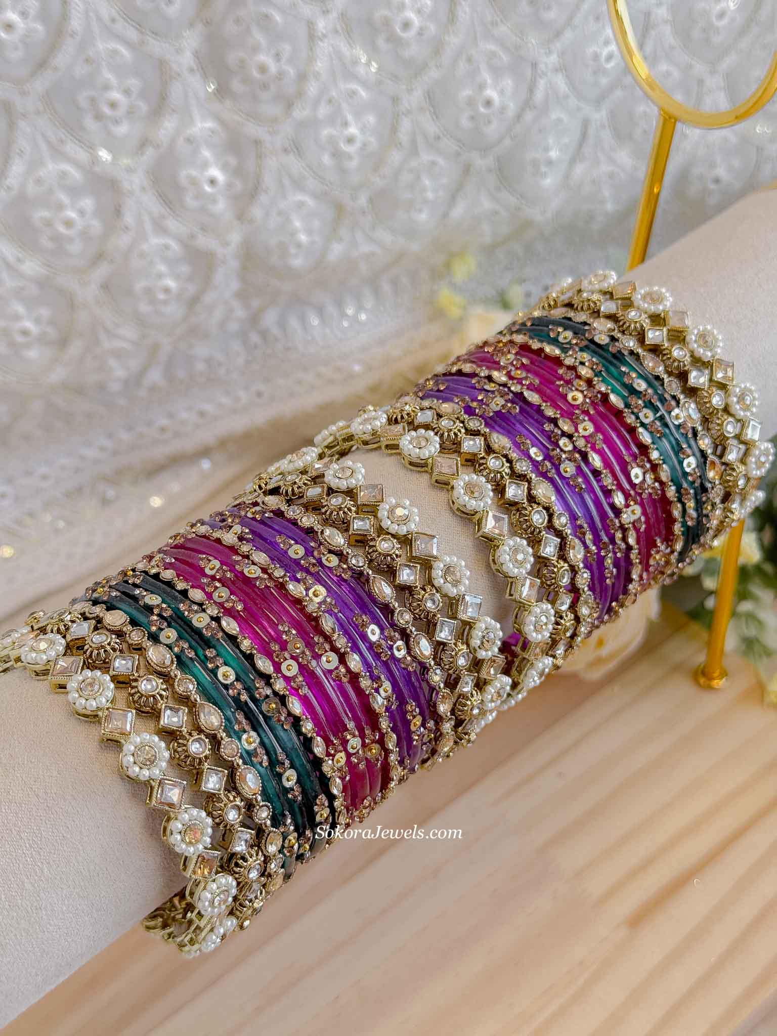 Teal, Pink & Purple Glass Bangle set
