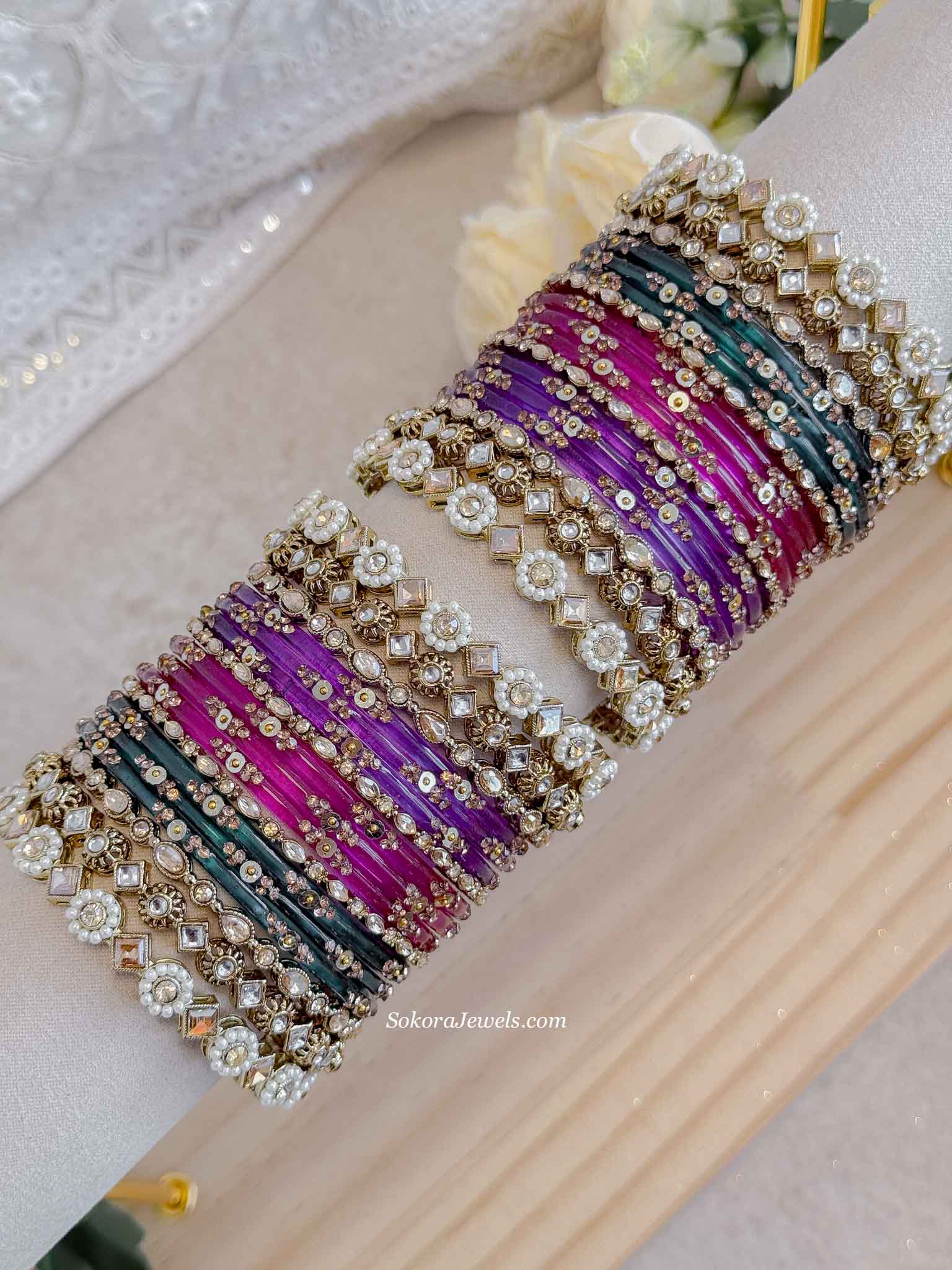 Teal, Pink & Purple Glass Bangle set
