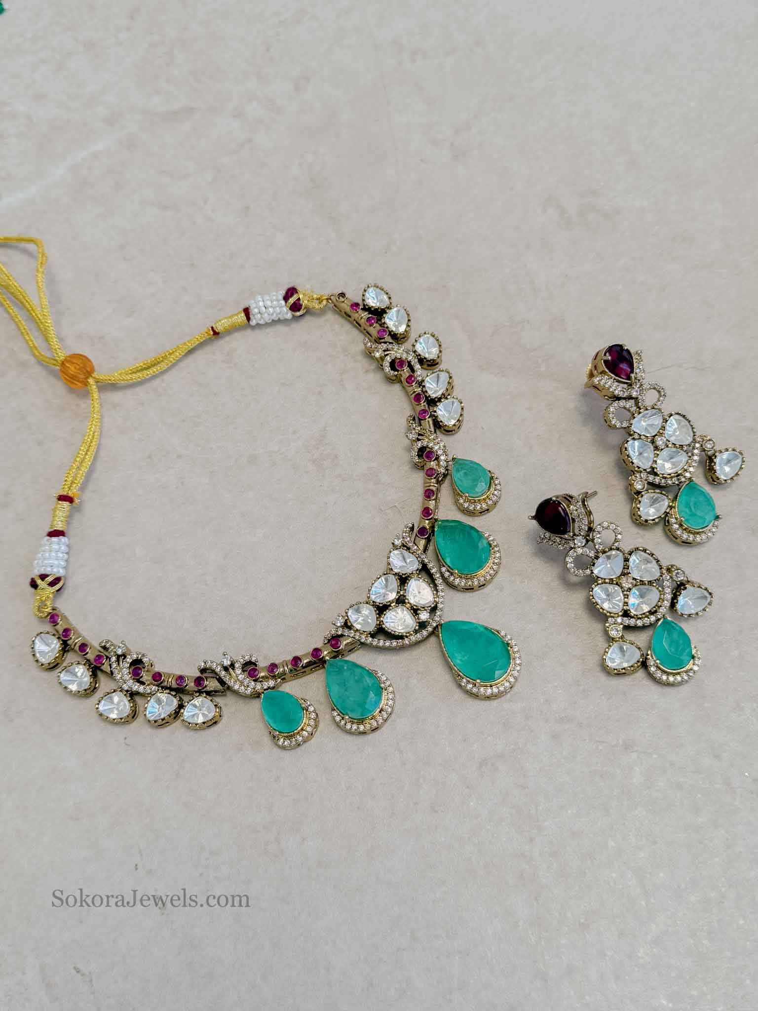Victorian Kundan Necklace Set with Mint Green Drops & Ruby Accents