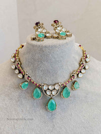 Victorian Kundan Necklace Set with Mint Green Drops & Ruby Accents