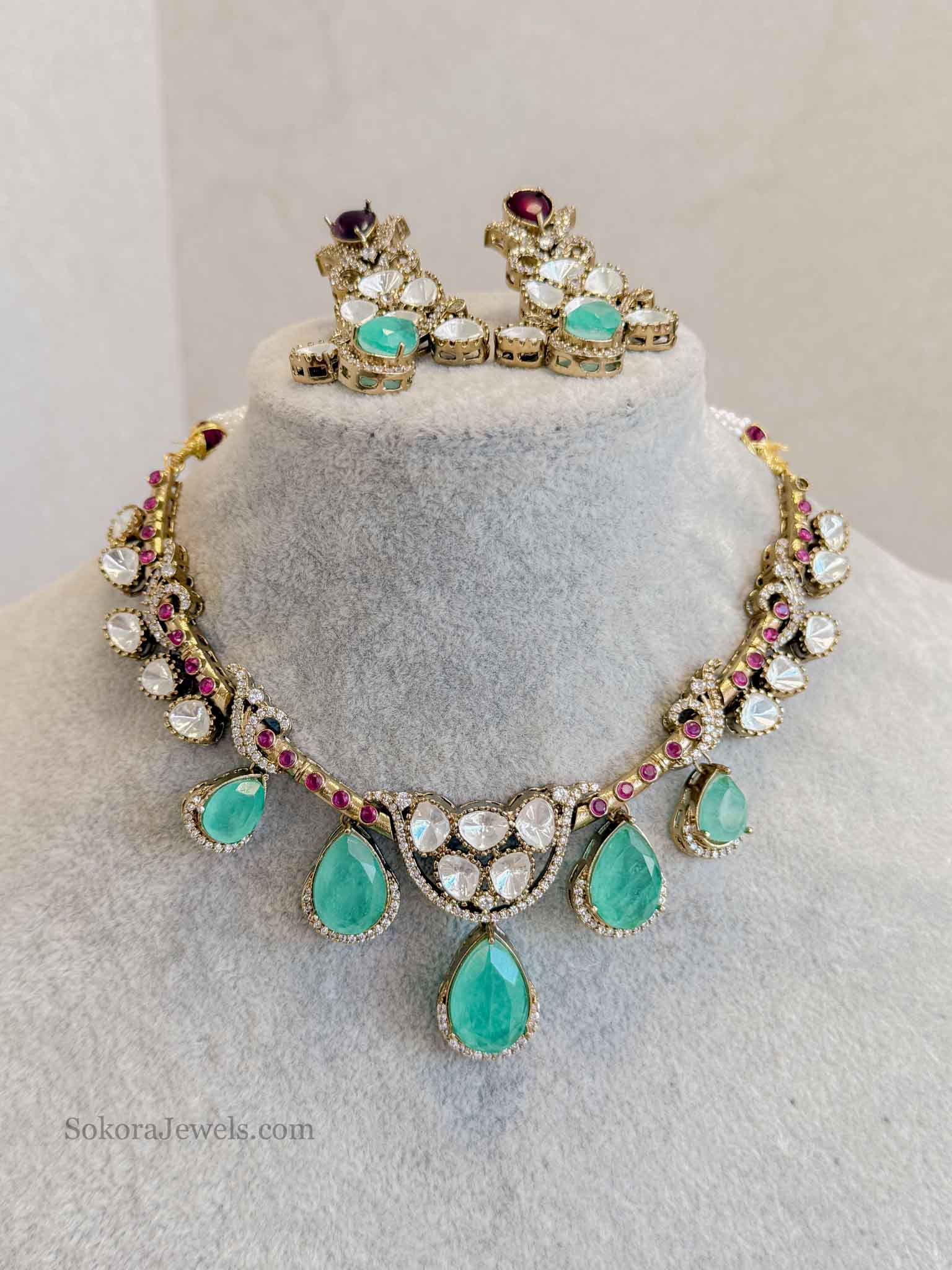Victorian Kundan Necklace Set with Mint Green Drops & Ruby Accents