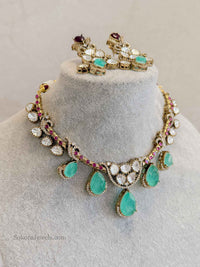 Victorian Kundan Necklace Set with Mint Green Drops & Ruby Accents