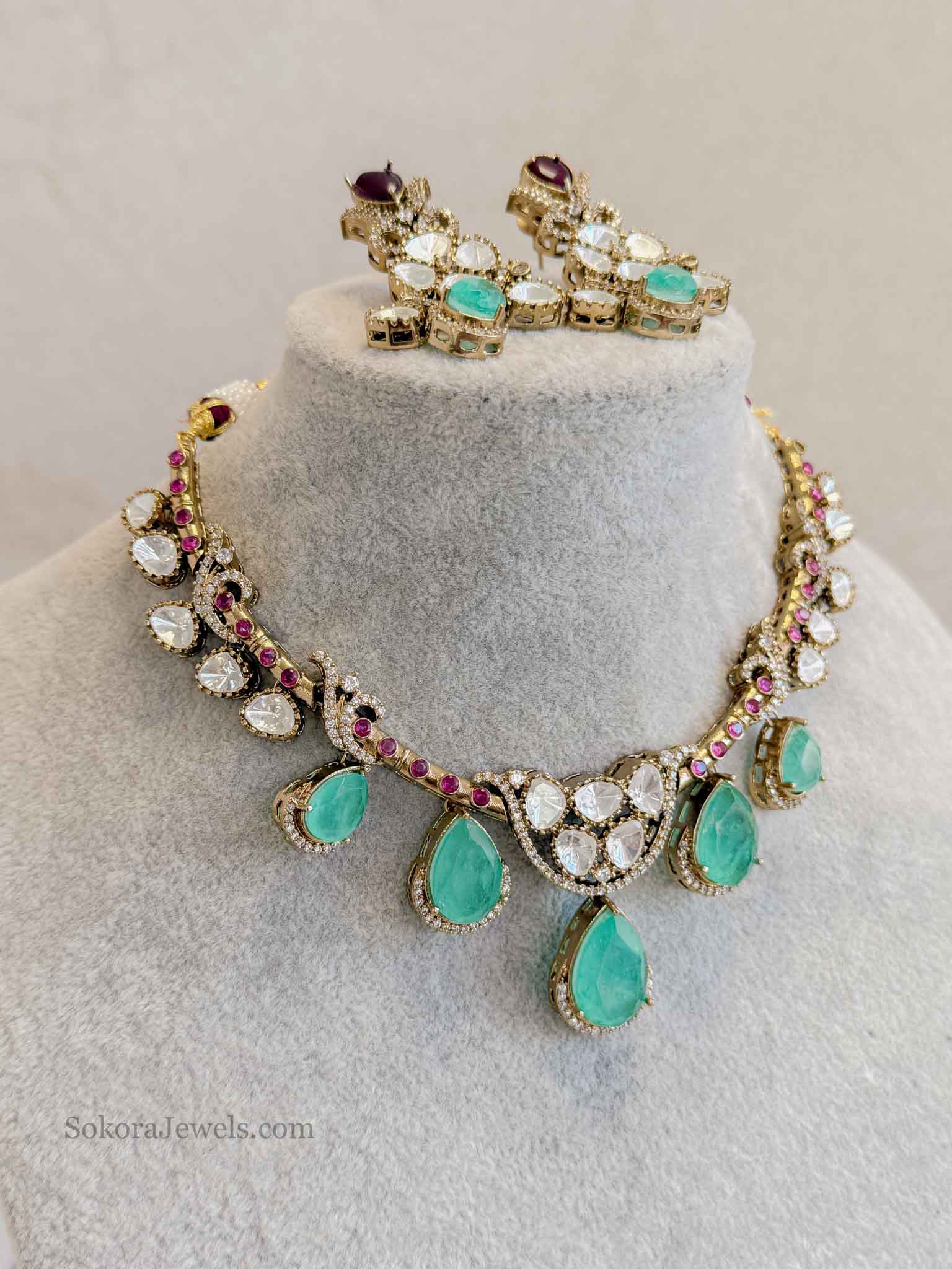 Victorian Kundan Necklace Set with Mint Green Drops & Ruby Accents