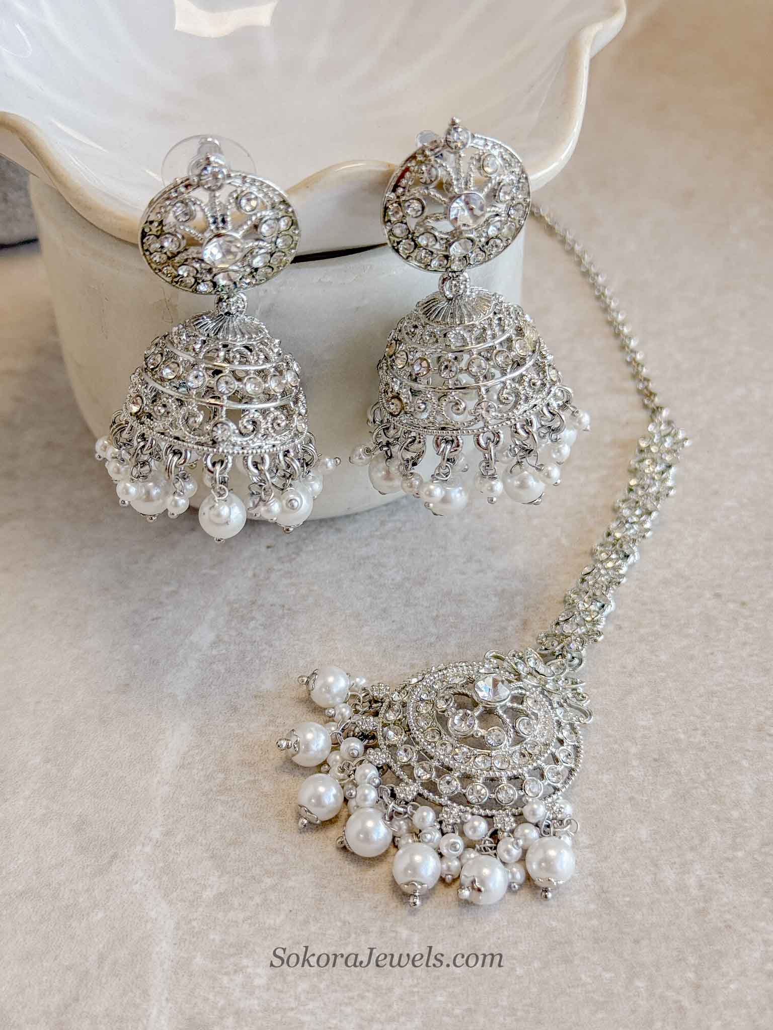 Mandala Silver & Pearl Jhumka Earrings with Tikka Set