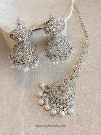 Mandala Silver & Pearl Jhumka Earrings with Tikka Set