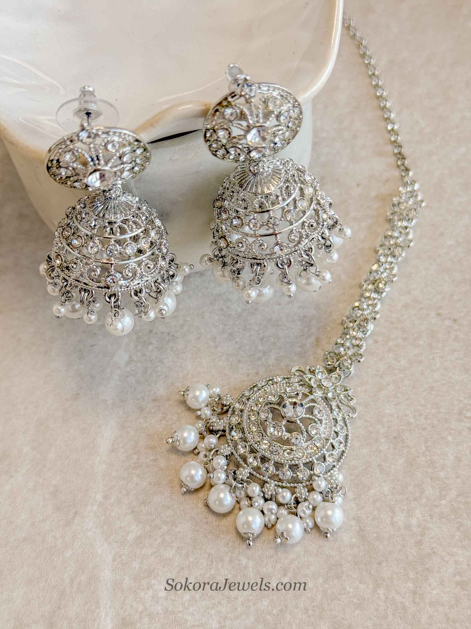 Mandala Silver & Pearl Jhumka Earrings with Tikka Set