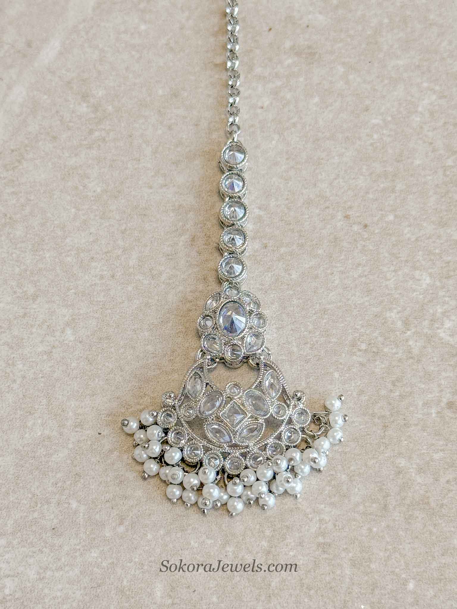 Silver Chandbali Shape Pearl Tikka