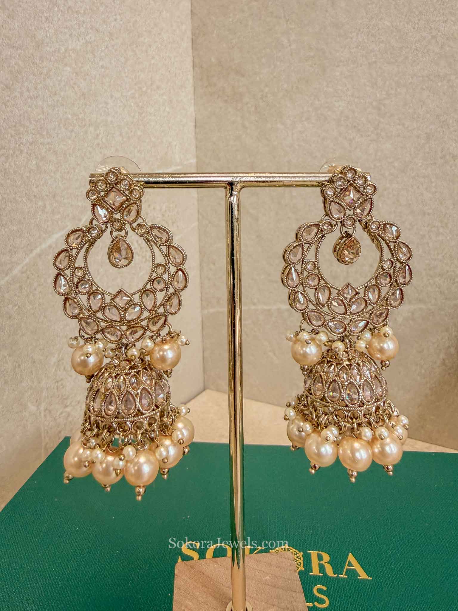 Antique Gold Champagne Zircon & Pearl Couture Jhumkas
