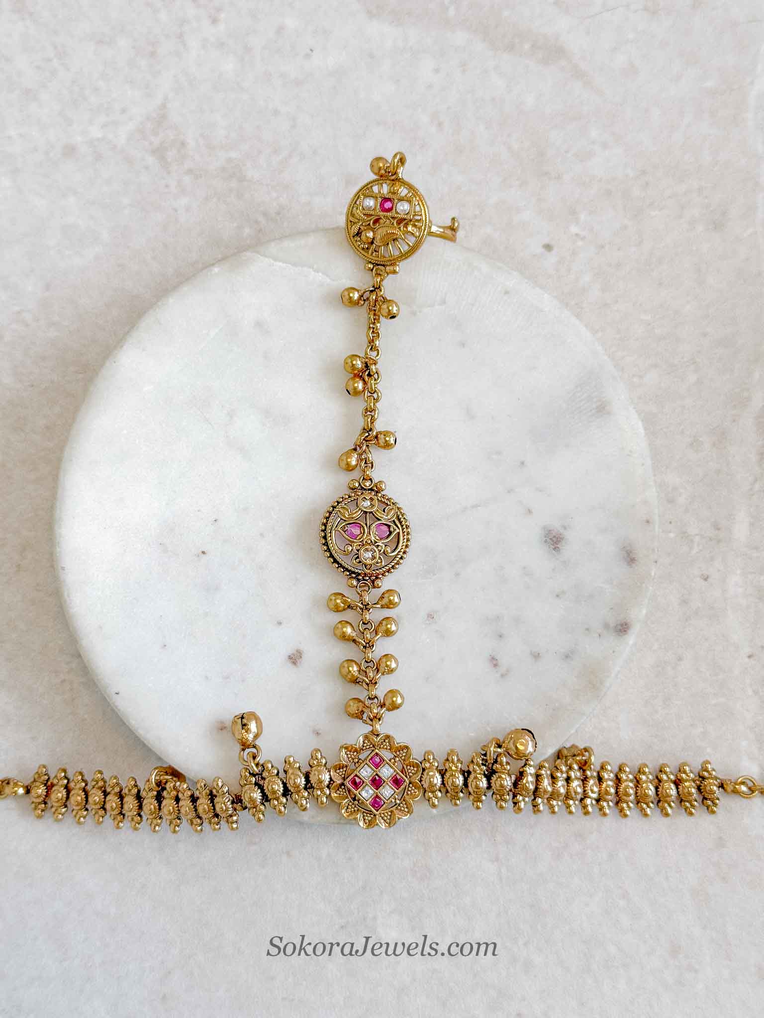 Kundan & Ghungroo Bead Hand Chain - Ruby