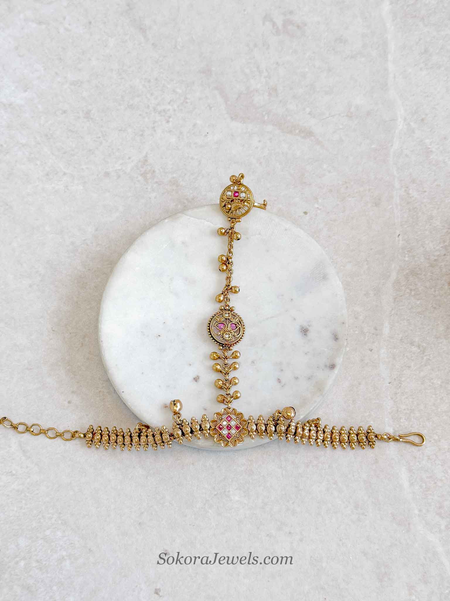 Kundan & Ghungroo Bead Hand Chain - Ruby