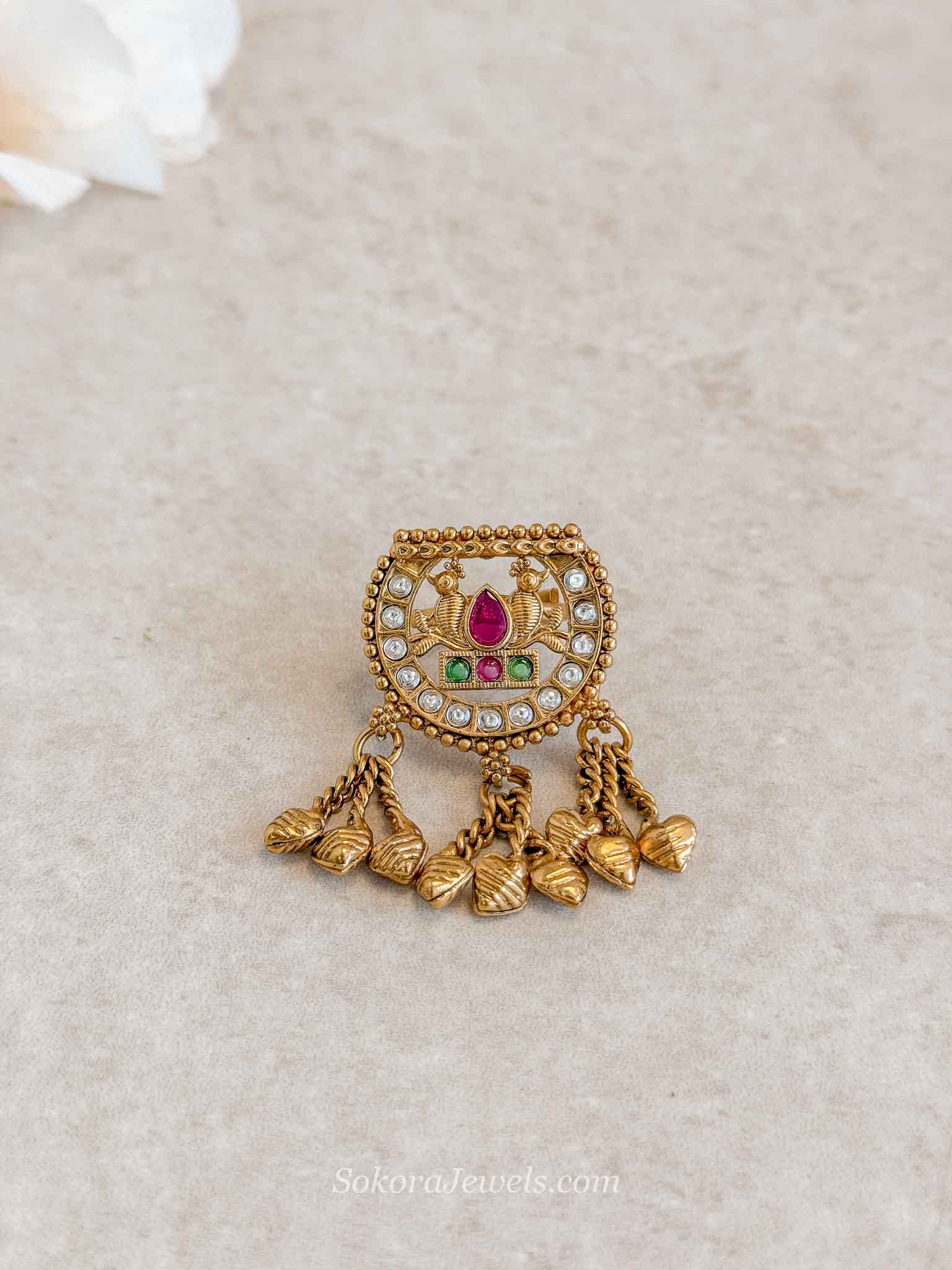 Bird Detail Ruby & Green Kundan Ring