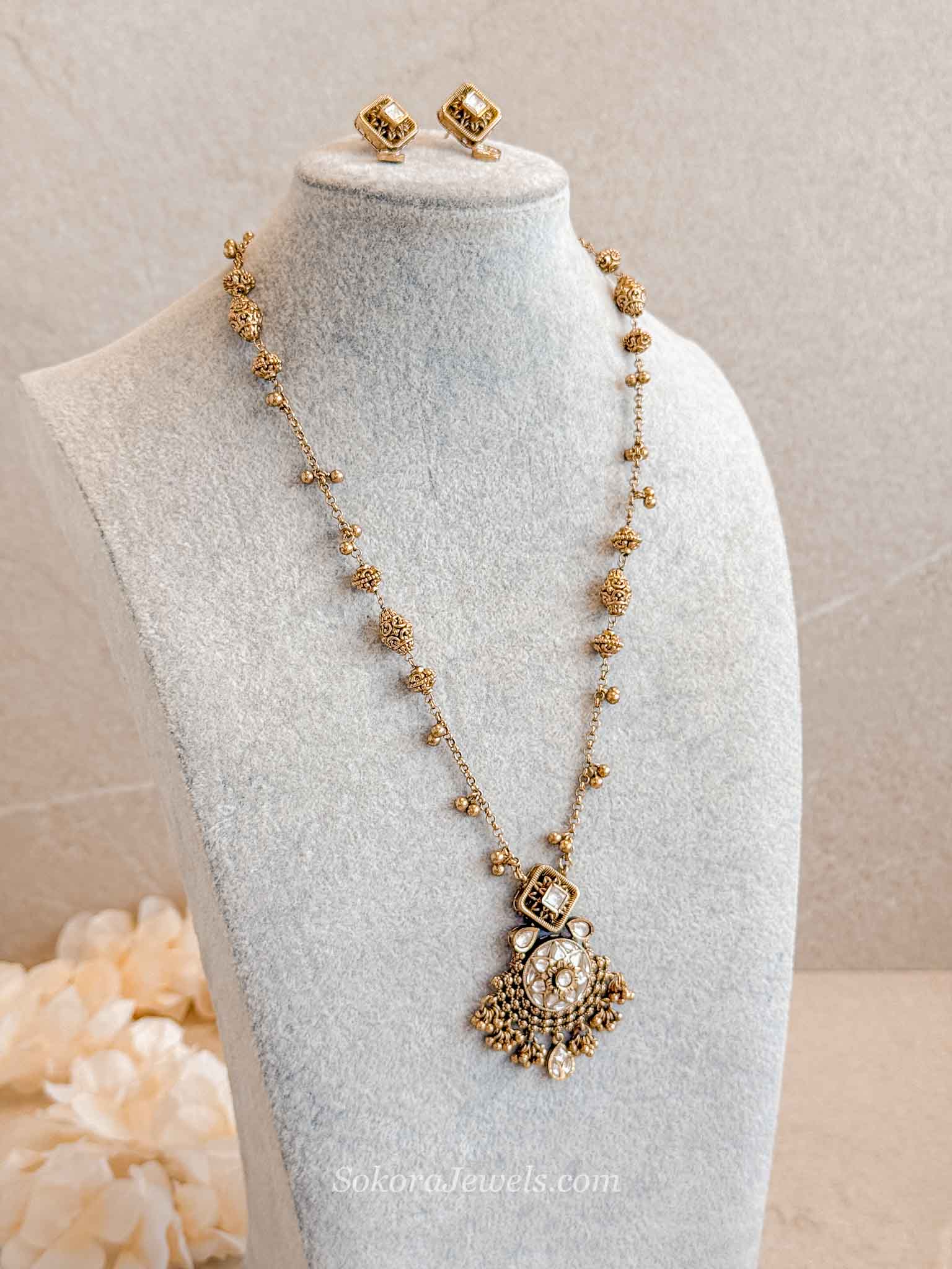 Kundan & Gold Ball Mala with Earrings