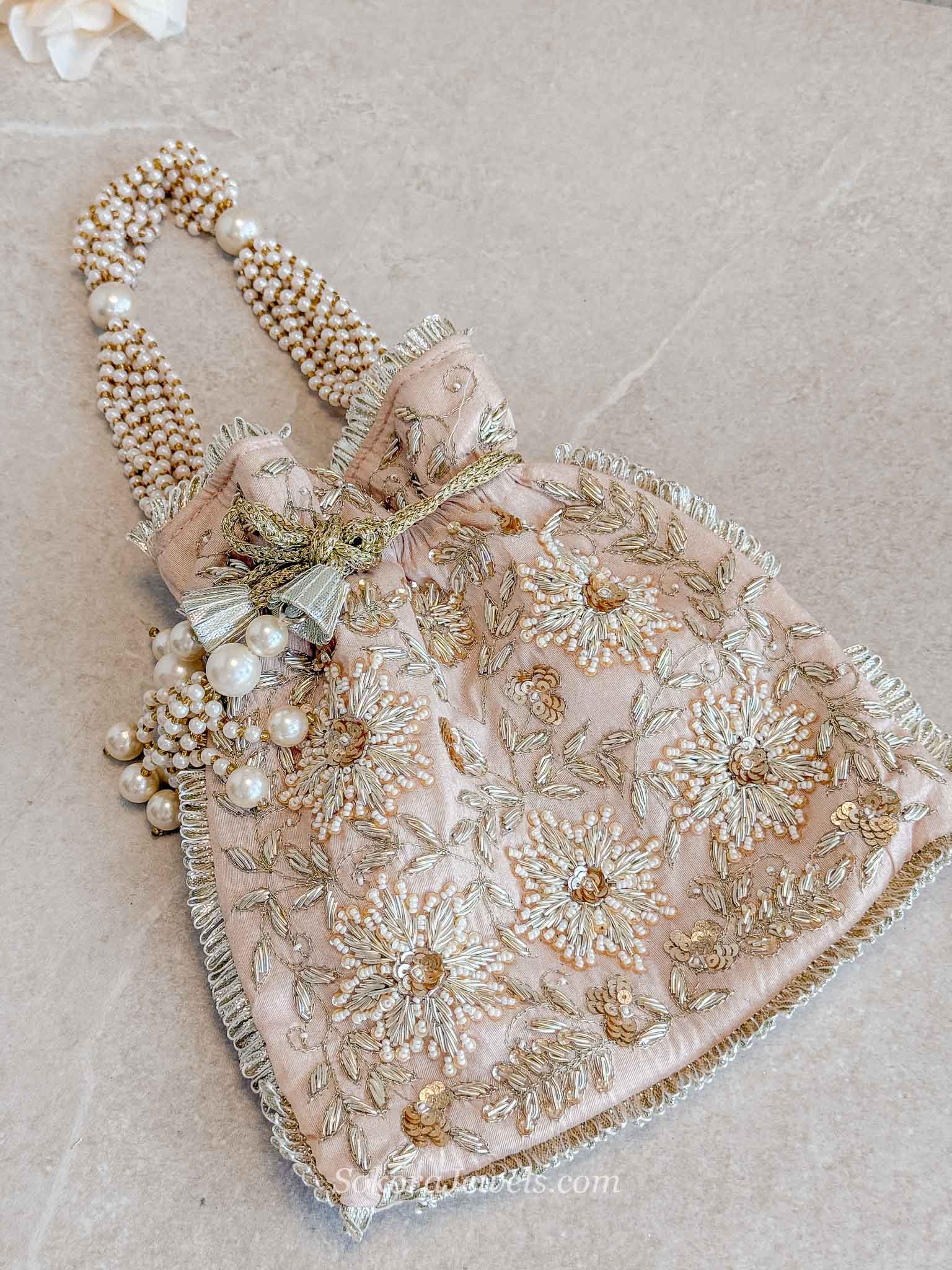 Light Peach and Floral embroidery Potli