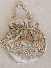 Floral Bead Detail Potli Bag - Nude Brown